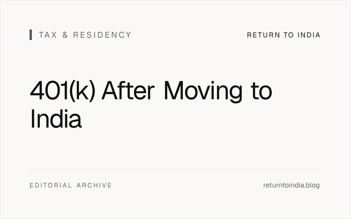 Flat 401k decision tree for a returning NRI comparing keep, rollover, withdraw, and wait options after moving to India.