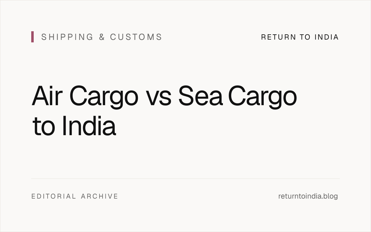 Flat decision visual comparing air cargo, sea cargo, and rebuy choices for an India relocation.