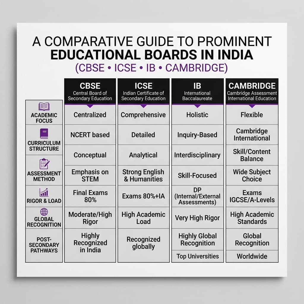 A premium minimalist comparison chart for school boards in India.