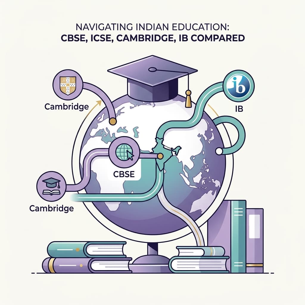 A premium editorial illustration comparing CBSE, ICSE, Cambridge, and IB curricula for NRI families.