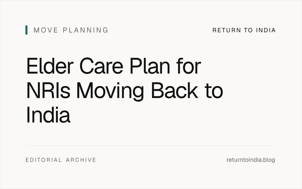 Flat elder care operating plan for NRI parents with medical, money, local support, and emergency lanes.