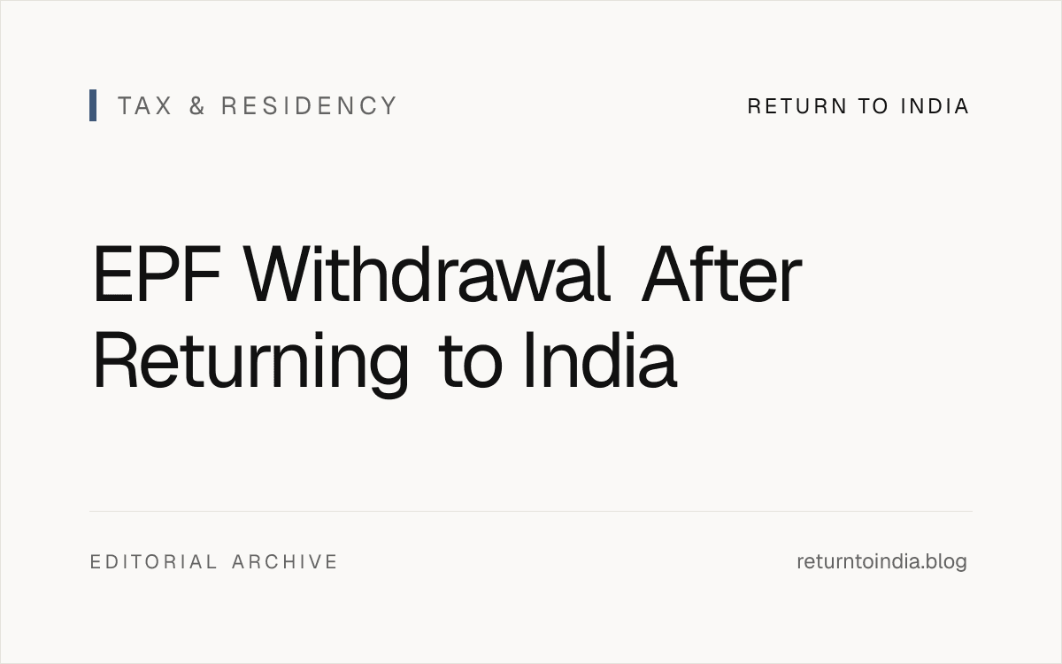 Minimal flat illustration showing EPF withdrawal flow for returning NRIs: UAN, KYC, Form 19, Form 10C, bank link, and TDS decision.
