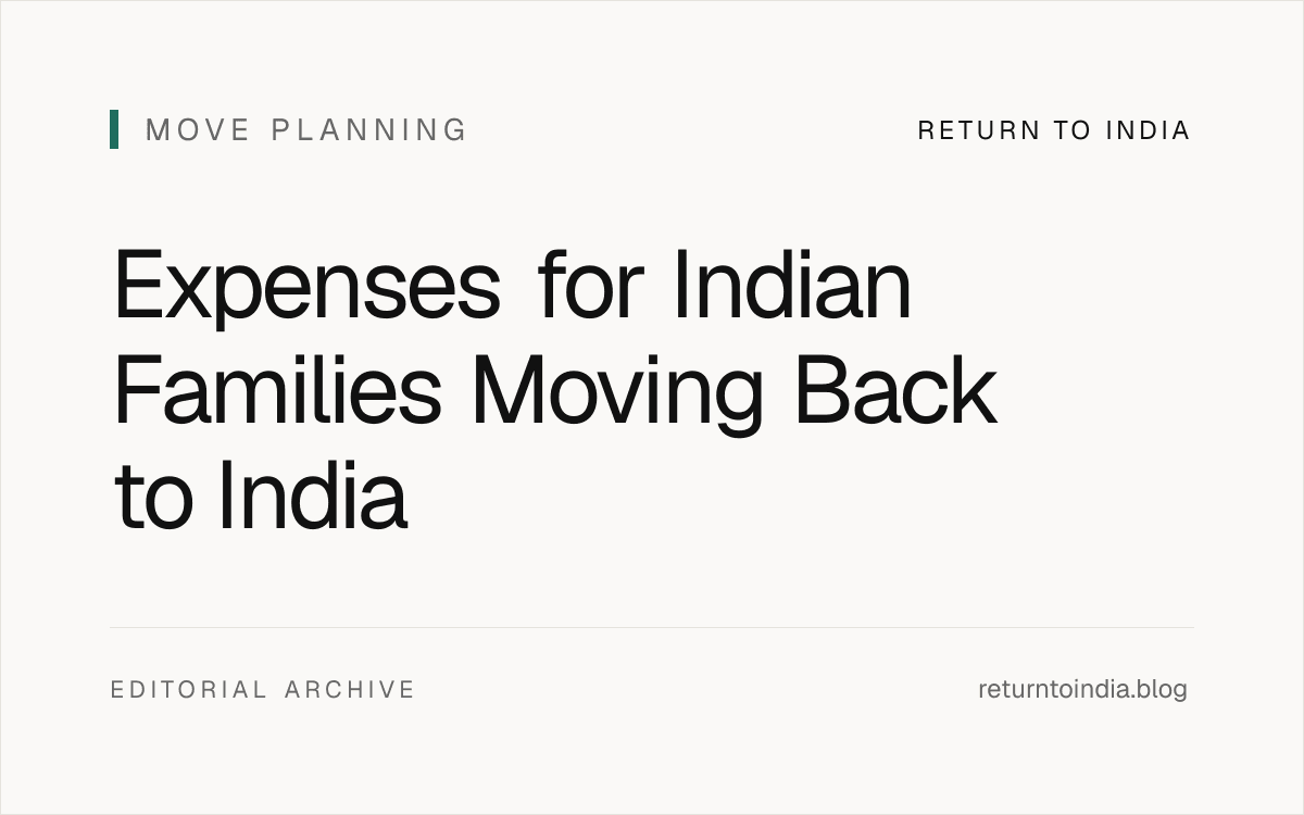 Flat first-year budget visual for an Indian family moving back to India with school and shipping expenses.