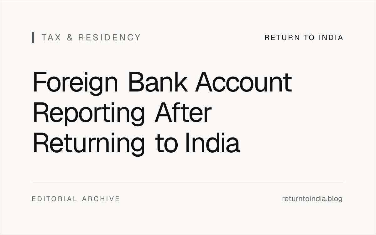 Flat foreign bank account reporting map for returning Indians with country, ownership, balance, and income checkpoints.