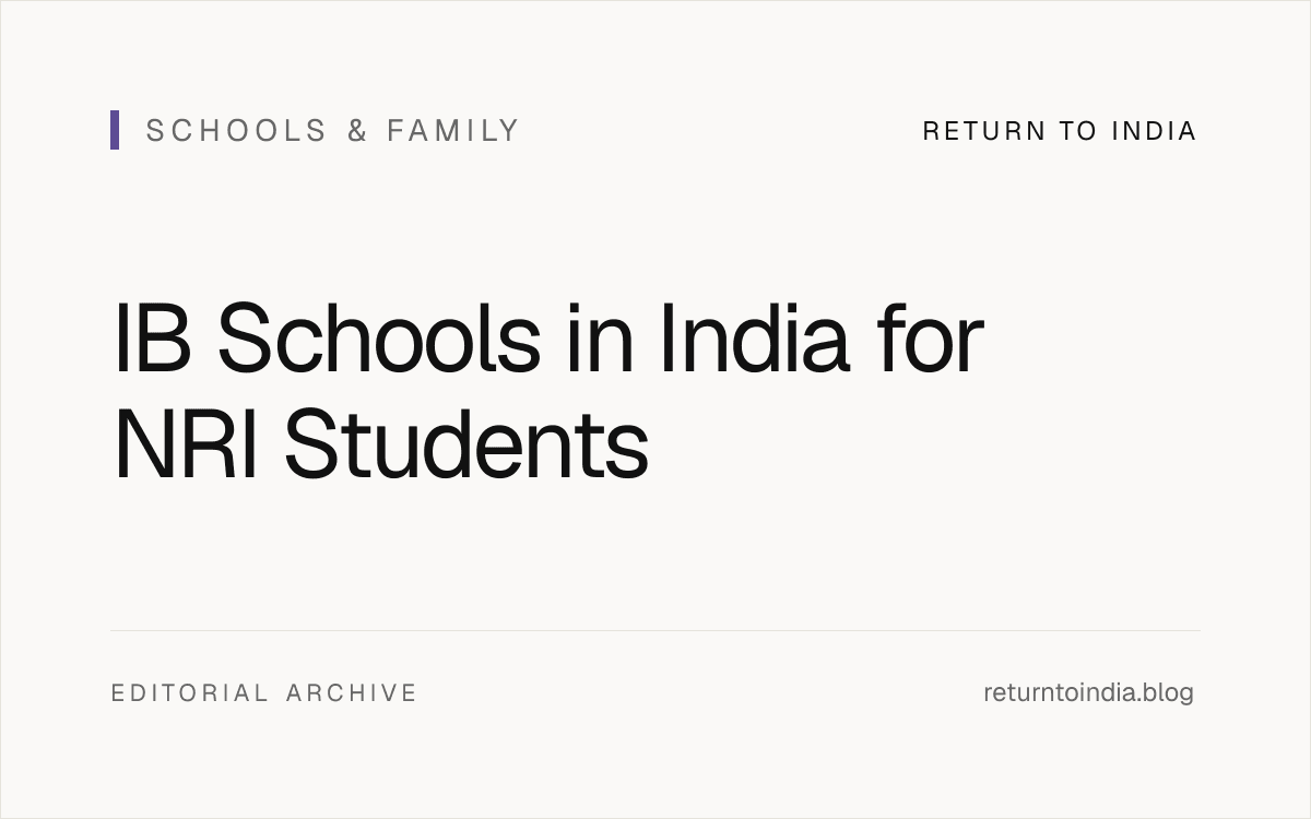 Flat IB school selection matrix for NRI students comparing programme authorization, subjects, support, and commute.