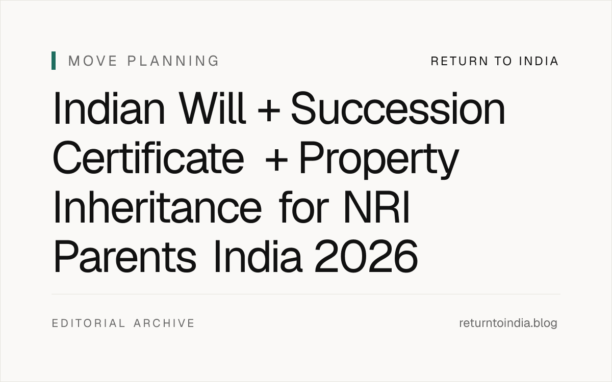 Flat illustration of Indian Will + Succession Certificate + Property Inheritance for NRI Parents India 2026: estate planning, Indian Succession Act 1925, probate process, and the 7-step NRI inheritance flow. Includes Indian Will drafting (Indian Succession Act 1925 + 2 witnesses + executor + registration + codicil + revocation), 4 religion-wise estate paths (Hindu Succession Act 1956 + coparcenary + Class I heirs / Muslim Personal Law Sharia + 1/3 Will restriction / Christian Indian Succession Act 1925 + mandatory probate in Bombay + Kerala + West Bengal / Parsi Indian Succession Act 1925 + mandatory probate), succession certificate (Section 372 + district court + 30-180 days + court fee + lawyer fee), probate of Will (Section 276 + mandatory for Christian + Parsi + Bombay + Kerala + West Bengal), legal heir certificate (tehsildar + 30-90 days), 4 religion-wise Will content templates, property mutation at sub-registrar (90-270 days), NRI repatriation (FEMA USD 1M / year + AD-1 bank + Form 15CB + CA certificate + ROR tax + DTAA claim), 4 inheritance tax scenarios (Indian property + bank balance + mutual fund + demat), 7-step estate-planning flow (T-10y to T+365d), 6 critical hand-offs, worst-case scenarios, Aadhaar + PAN + bank + mutual fund + demat + property + OCI propagation within 90 days.