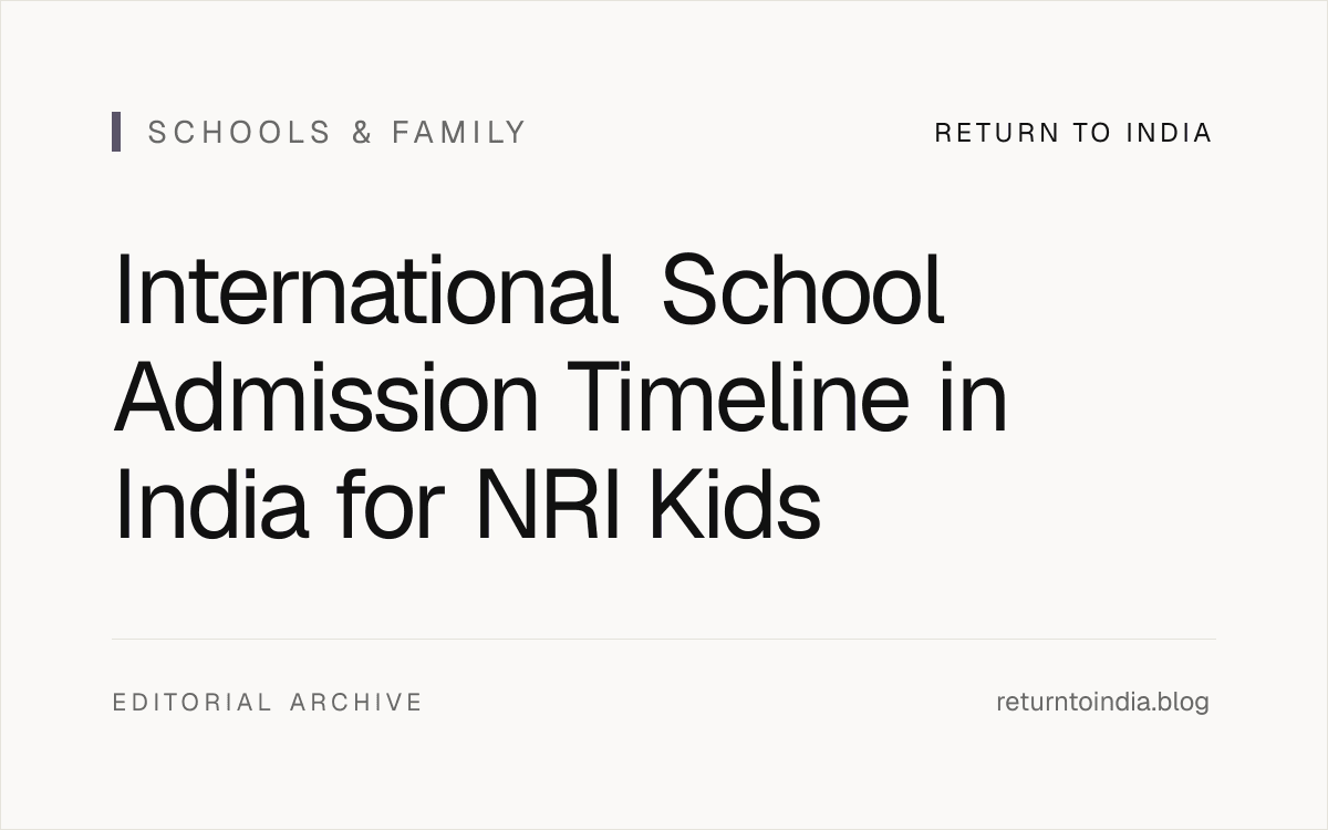 Flat month-by-month international school admission timeline for NRI children moving to India.