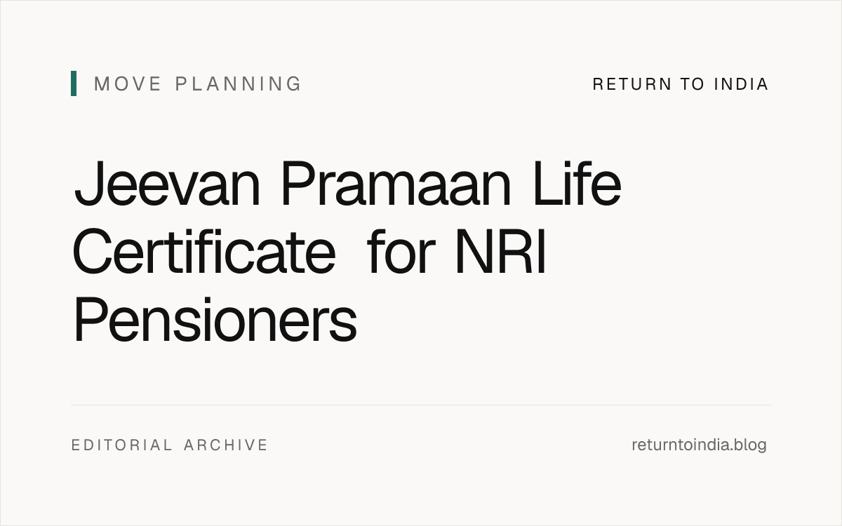 Flat workflow illustration of an NRI pensioner life certificate with Aadhaar, Jeevan Pramaan, Pension Disbursing Agency, consulate certificate, and November deadline lanes.