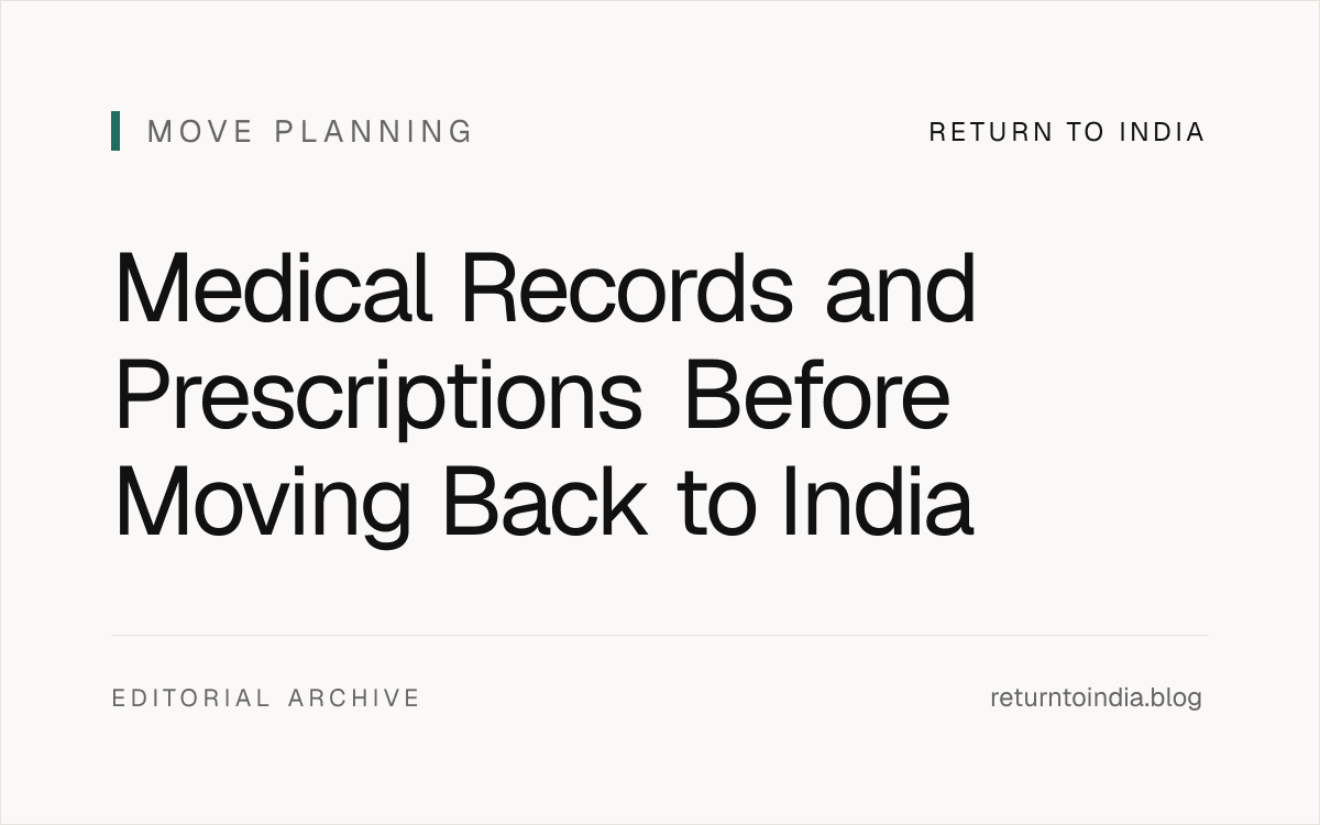 Flat medical records move-back workflow with prescriptions, doctor summaries, insurance, ABHA, and emergency files.