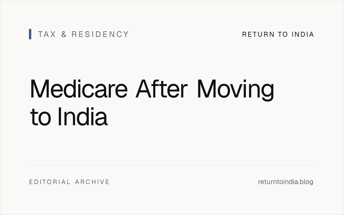 Flat Medicare after moving to India control board showing Part A, Part B, Part D, Medicare Advantage, Medigap, India insurance, and return-to-US timing.