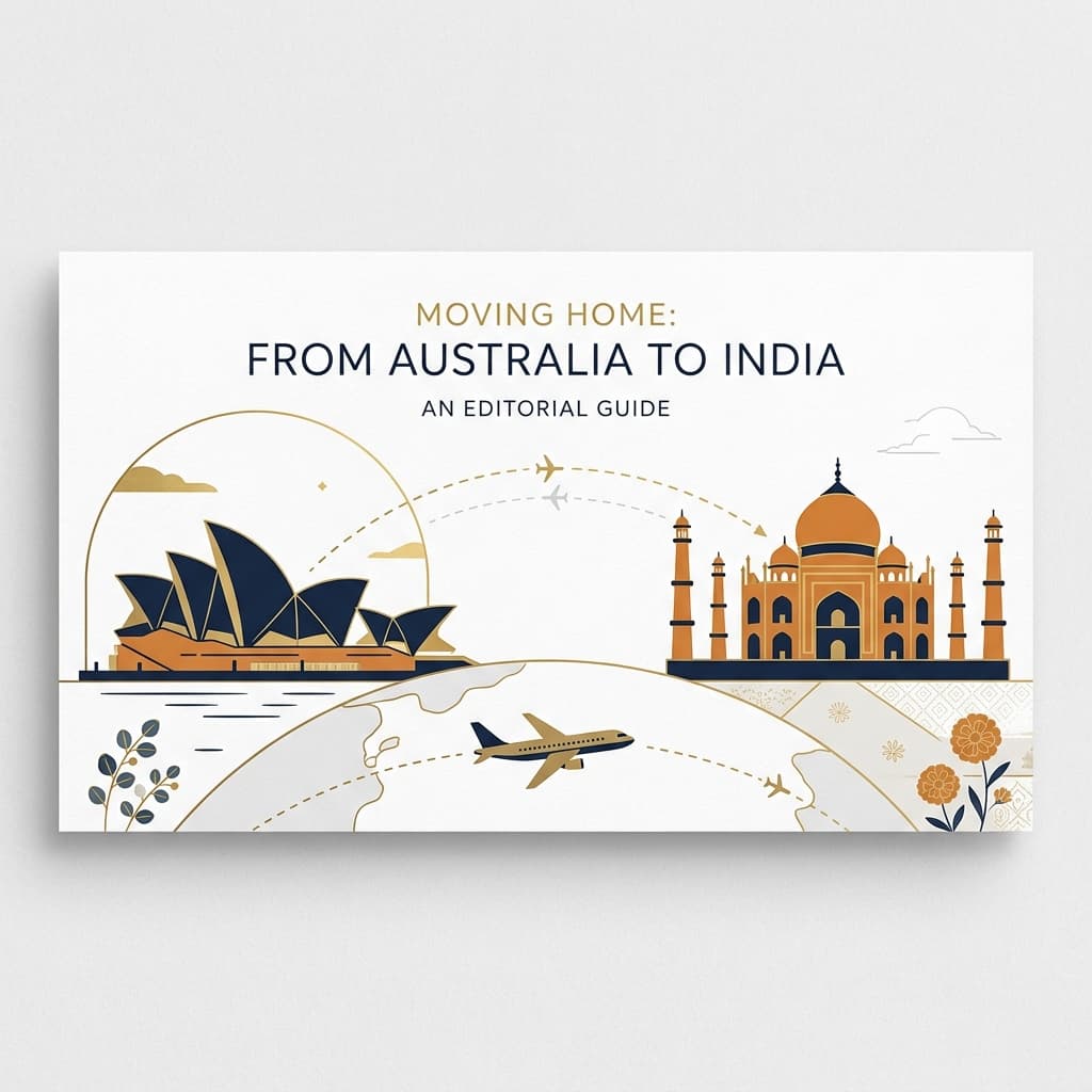 A premium editorial illustration for moving from Australia to India with stylized Sydney Opera House and Taj Mahal motifs.