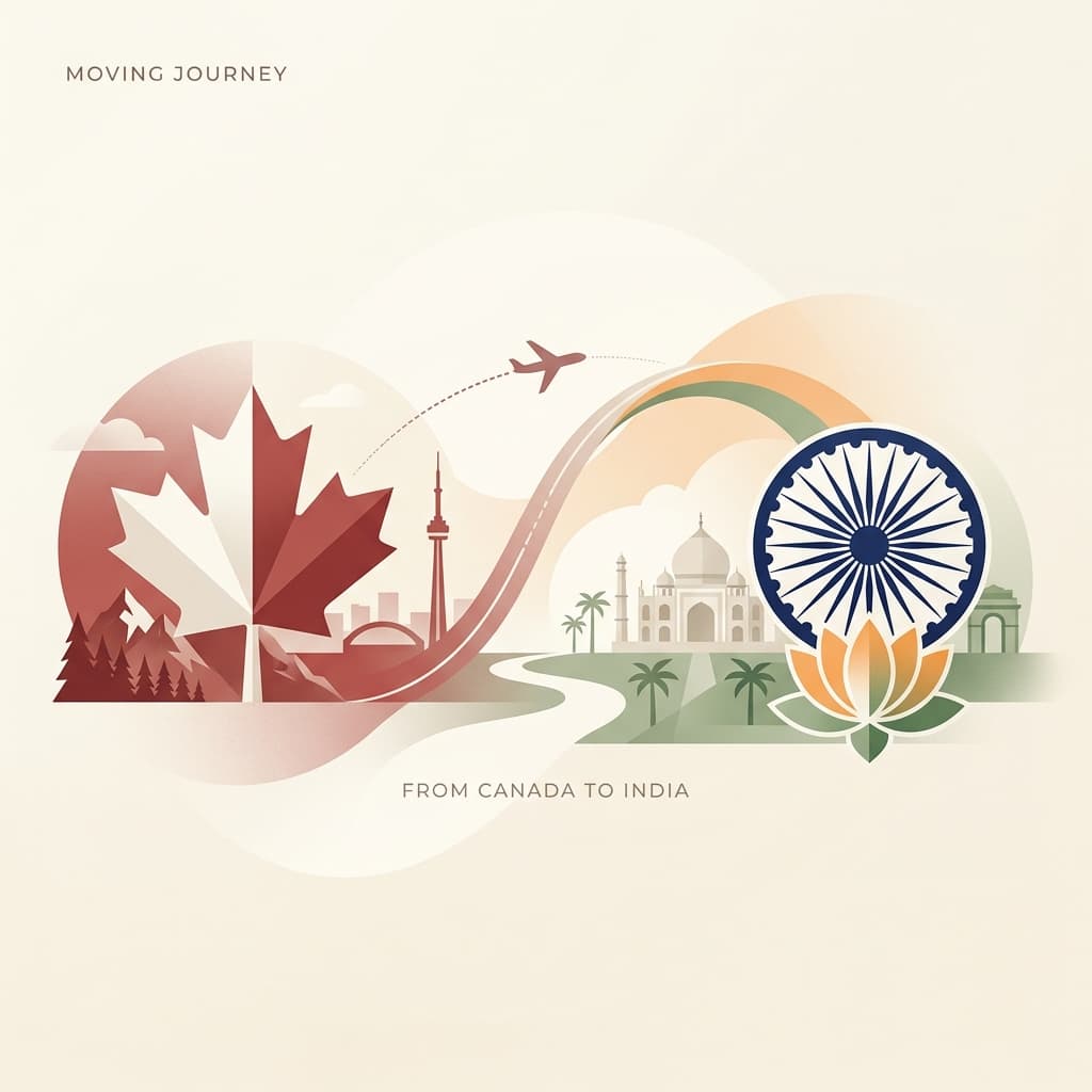 A premium editorial illustration for moving from Canada to India with a stylized maple leaf and Ashoka Chakra motif.