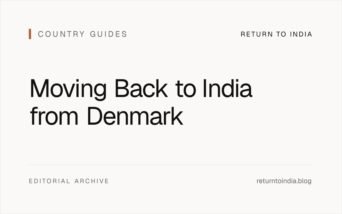 Flat editorial visual showing Denmark to India relocation planning with CPR, tax, pension, and banking checkpoints.