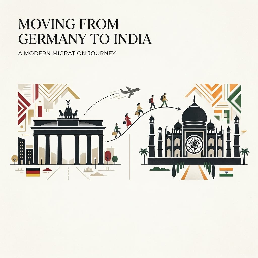 A premium editorial illustration for moving from Germany to India with stylized Brandenburg Gate and Ashoka Chakra motifs.