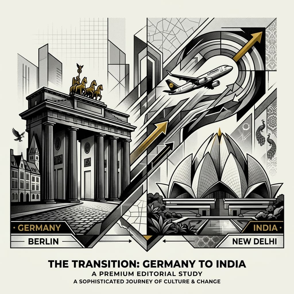 A premium editorial illustration for the Germany-to-India move.