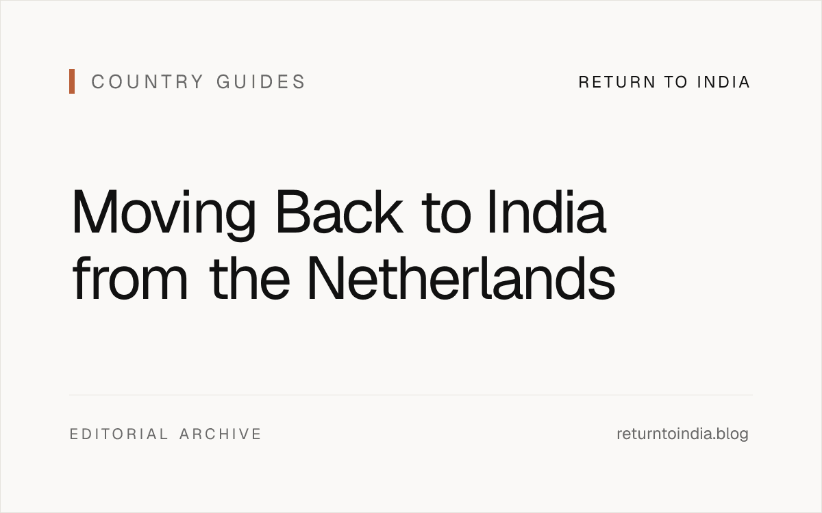 Minimal flat visual of a Netherlands to India relocation plan with tax, pension, and banking checkpoints.