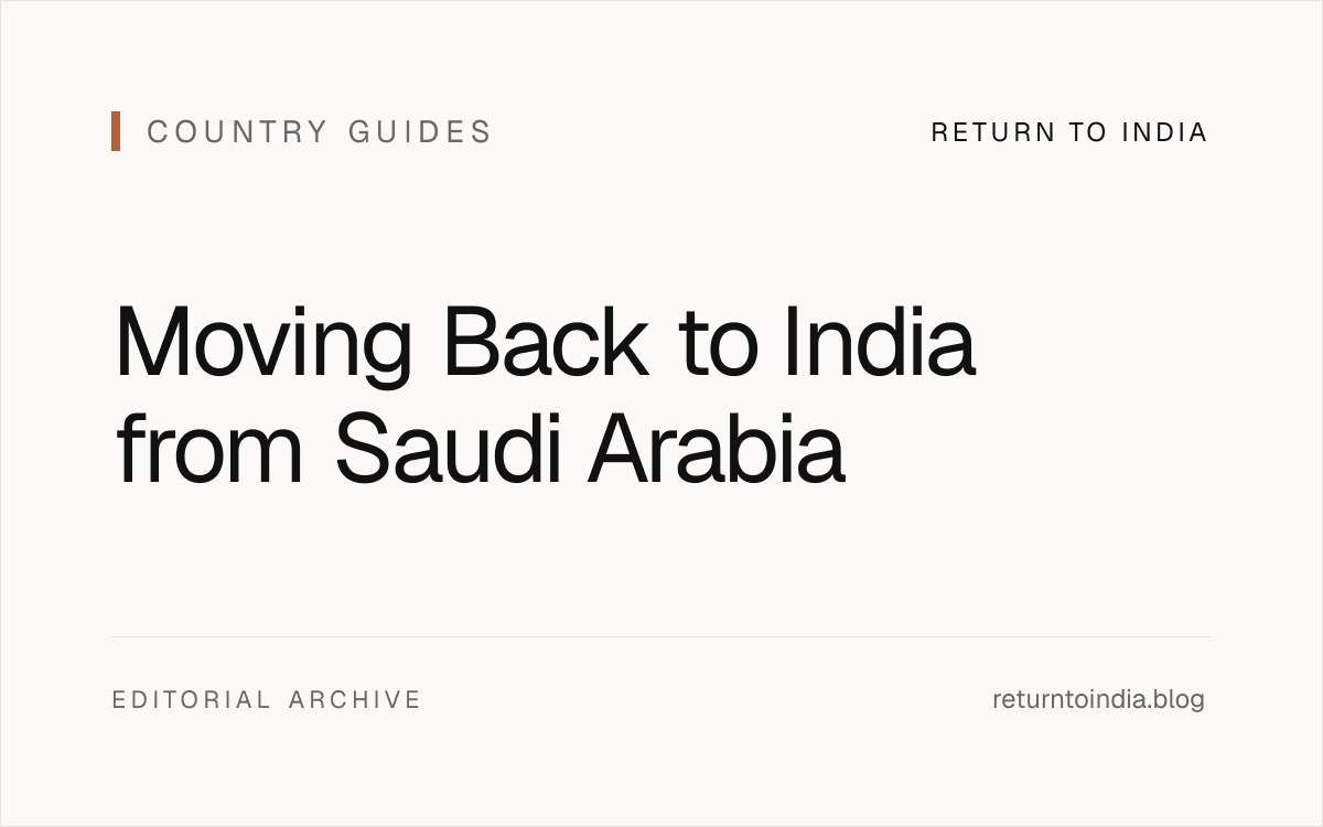 Flat editorial visual of a Saudi Arabia to India relocation plan with settlement, exit, and banking checkpoints.
