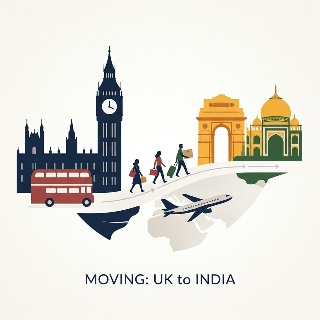 A premium editorial illustration for moving from the UK to India with stylized Big Ben and India Gate motifs.