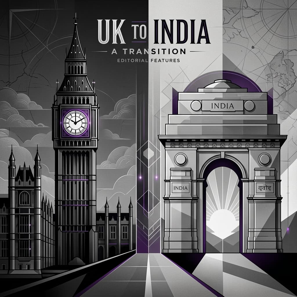 A premium editorial illustration for the UK-to-India move.