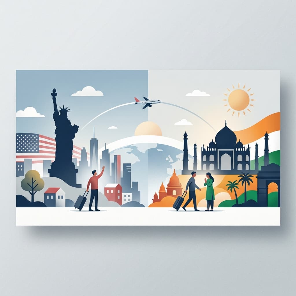 A premium editorial illustration for moving from the USA to India with stylized Statue of Liberty and Taj Mahal motifs.