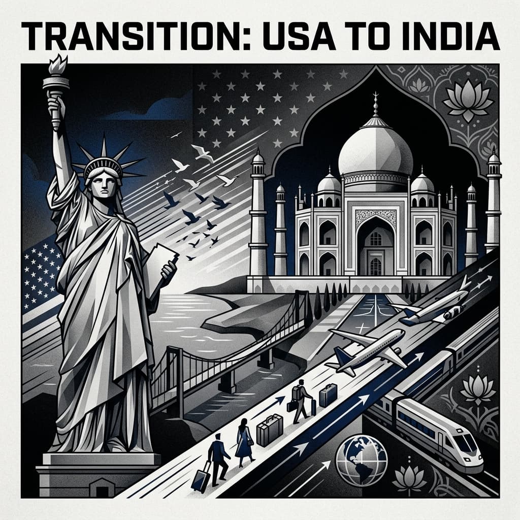 A premium editorial illustration for the USA-to-India move.
