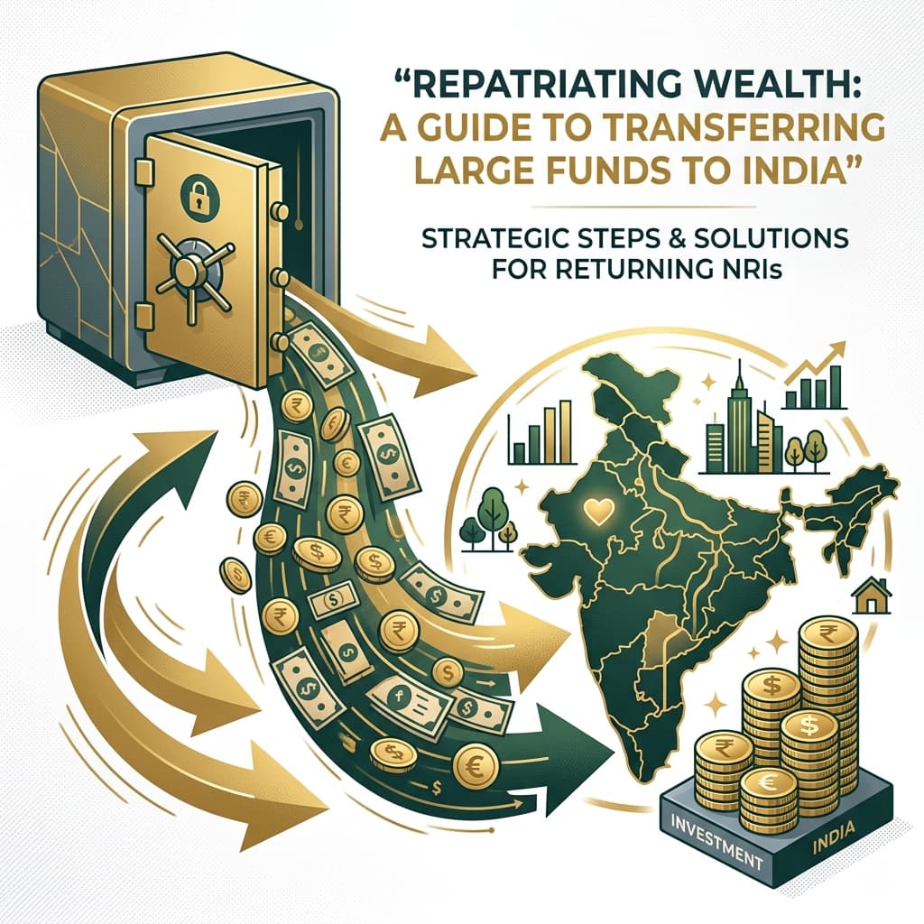 A premium editorial illustration for moving large sums of money to India with stylized bank vaults and global transfer symbols.
