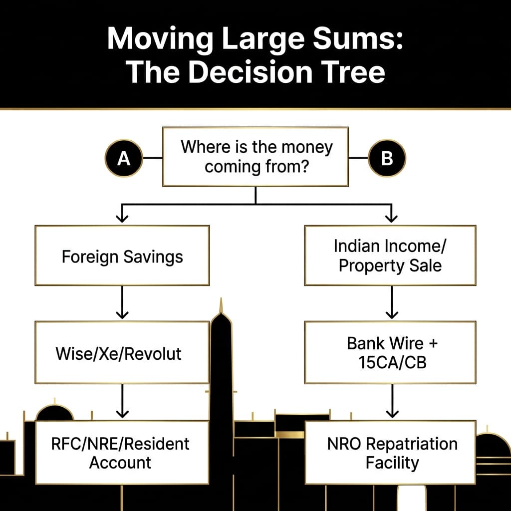 A minimalist infographic of the decision tree for moving large sums of money to India.