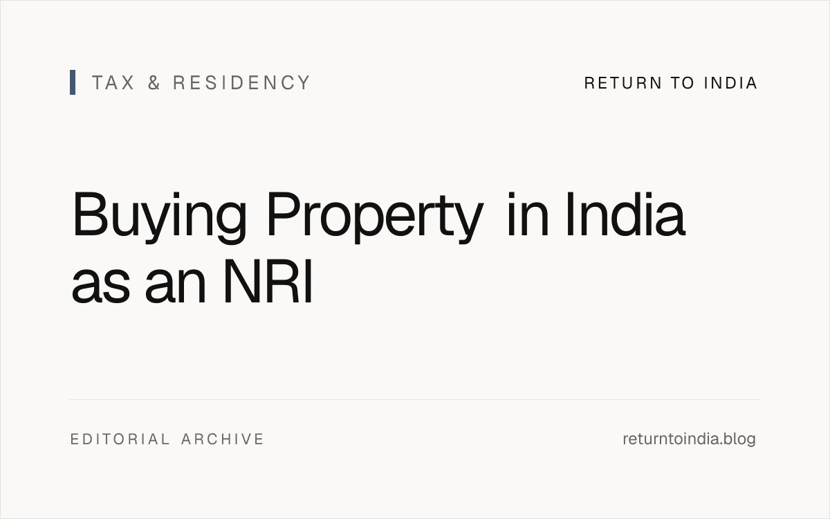 Flat illustration of NRI property purchase in India: FEMA 1999 lane, NRE/NRO funding, LRS USD 250k cap, TDS Section 194-IA / 195, registration, and Schedule FA disclosure.