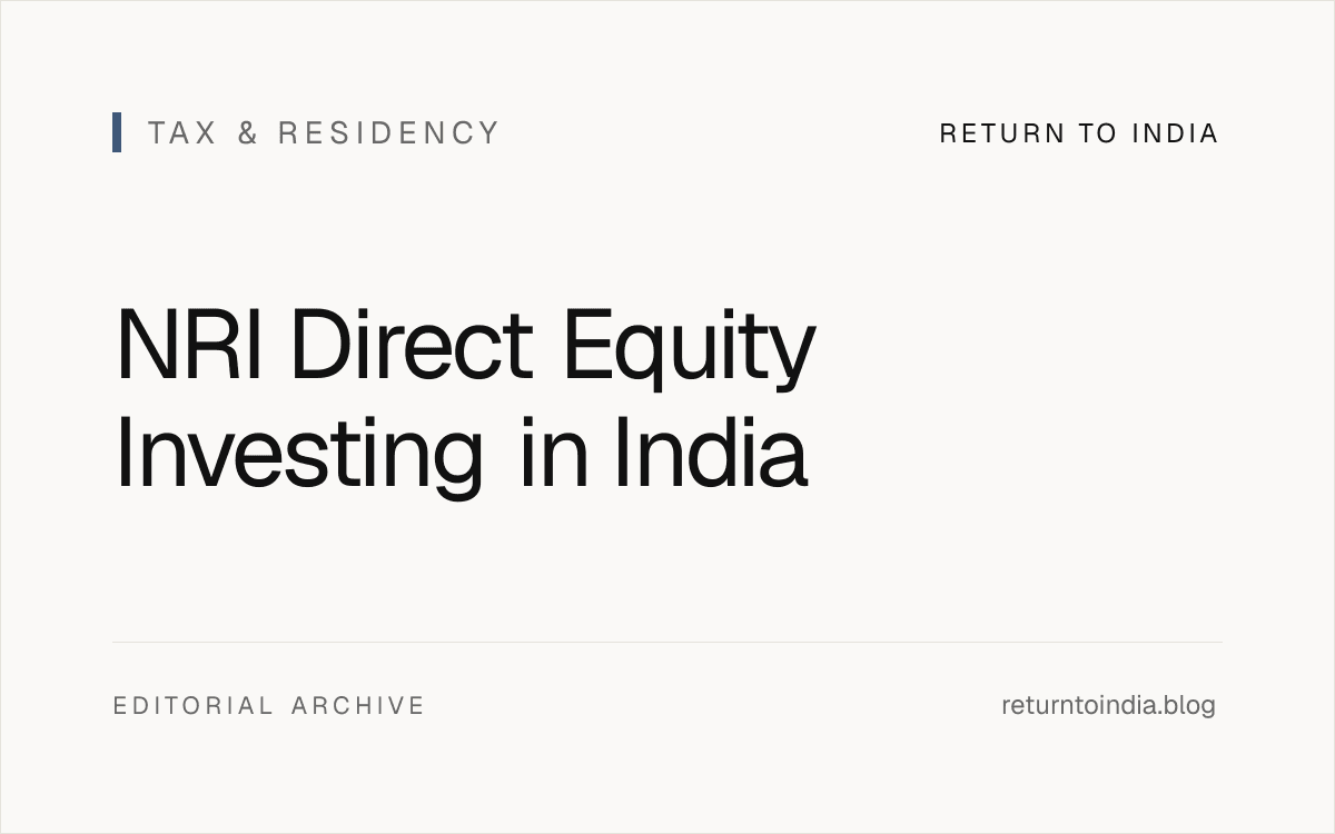 Flat illustration of NRI direct equity investing in India: RBI PIS permission letter, NRI demat account, STT 0.1%, Section 115E concessional tax (10% LTCG / 15% STCG), Form 67 DTAA relief, Form 15CA/15CB repatriation under USD 1 million NRO cap, redesignation to resident on return to India.
