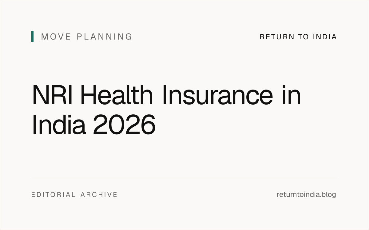 Flat illustration of NRI health insurance in India 2026: IRDAI portability from US / UK / Canada / UAE, family-floater plan selection, cashless vs reimbursement, Section 80D deduction Rs 25,000 + Rs 50,000 senior, waiting period 30 days + 2-4 years pre-existing, network hospital decision, top-up vs super-top-up.