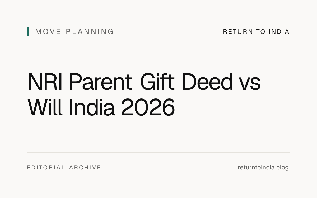 Flat illustration of NRI Parent Gift Deed vs Will India 2026: tax + estate planning comparison, Section 56(2)(x), stamp duty + FEMA USD 1M / year repatriation, and the 7-step decision + execution flow. Includes 5-dimension comparison (timing + tax + revocability + capital gains + FEMA repatriation), Gift Deed pathway (Section 56(2)(x) deemed income + stamp duty 3-7% + registration + 2 witnesses + irrevocable + donor NRI reports in ITR + FEMA Form FC-GTR + donee OCI ROR from day 1), Will pathway (Indian Succession Act 1925 + 2 witnesses + executor + sub-registrar's office + revocable + succession certificate + probate + legal heir certificate + property mutation), stamp duty matrix (Karnataka 5% + Maharashtra 3% + Delhi 4% + Tamil Nadu 7% + UP 5% + Gujarat 4.9% + West Bengal 6% + Kerala 8% on Section 50C market value), Section 56(2)(x) exemption (relative = spouse + brother + sister + lineal ascendant + lineal descendant + spouse of lineal ascendant + spouse of lineal descendant), capital gains cost basis flow (Gift Deed donee cost = donor's cost + indexation / Will heir cost = testator's cost + indexation), FEMA USD 1M / year repatriation (AD-1 bank + Form 15CB + CA certificate + Form A2), 5-year cost + tax matrix, 7-step decision + execution flow (T-10y to T+30y), 4 hybrid scenarios, 6 critical hand-offs, worst-case scenarios.