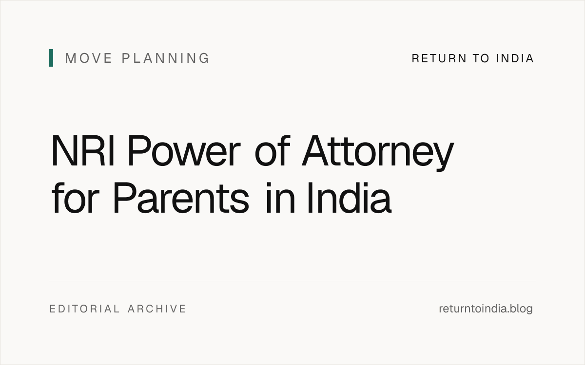 Flat authority stack for NRI parents in India showing Power of Attorney, bank mandate, hospital consent, health records, property work, care manager, and emergency payment lanes.