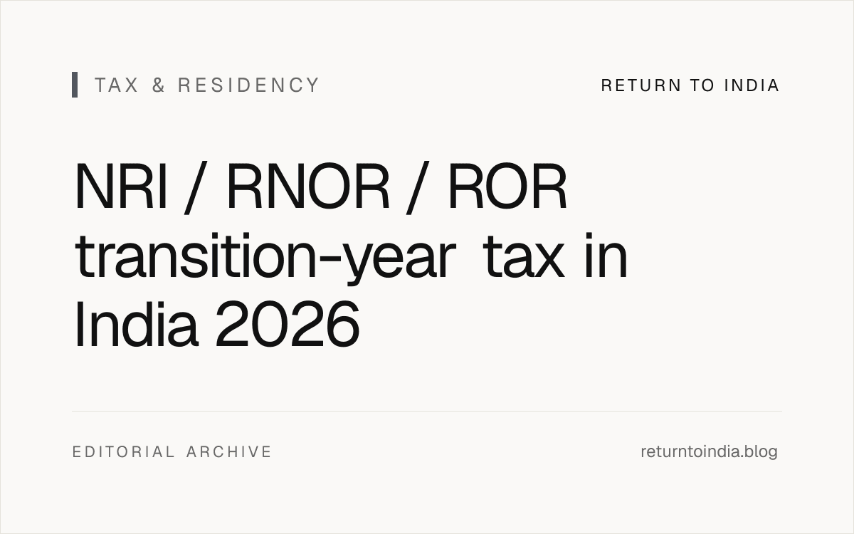 Flat illustration of NRI / RNOR / ROR transition-year tax in India 2026: status change from NRI to RNOR to ROR in one AY, ITR form selection (ITR-1 / ITR-2 / ITR-3 / ITR-4) for the transition year, Form 67 foreign tax credit for FY of return, advance tax schedule with 4 installments (15-Jun / 15-Sep / 15-Dec / 15-Mar) and 30% / 30% / 30% / 10% thresholds, Section 139(1) 31-July deadline, Section 90 / 90A / 91 DTAA tie-breaker for US / UK / UAE, FEMA repatriation of US / UK / UAE income, dual-residency trap for the transition year.