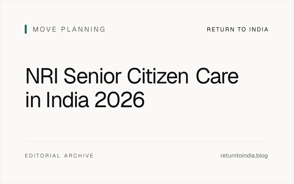 Flat illustration of NRI senior citizen care in India 2026: SCSS at 8.2% for 5-year tenure, PMJAY cashless Rs 5 lakh, Section 80DDB up to Rs 1 lakh, Section 80TTB up to Rs 50,000, Section 80D Rs 50,000, reverse-parent-dependent OCI visa, Form 15H for senior interest, maintenance tribunal under Section 125 CrPC.