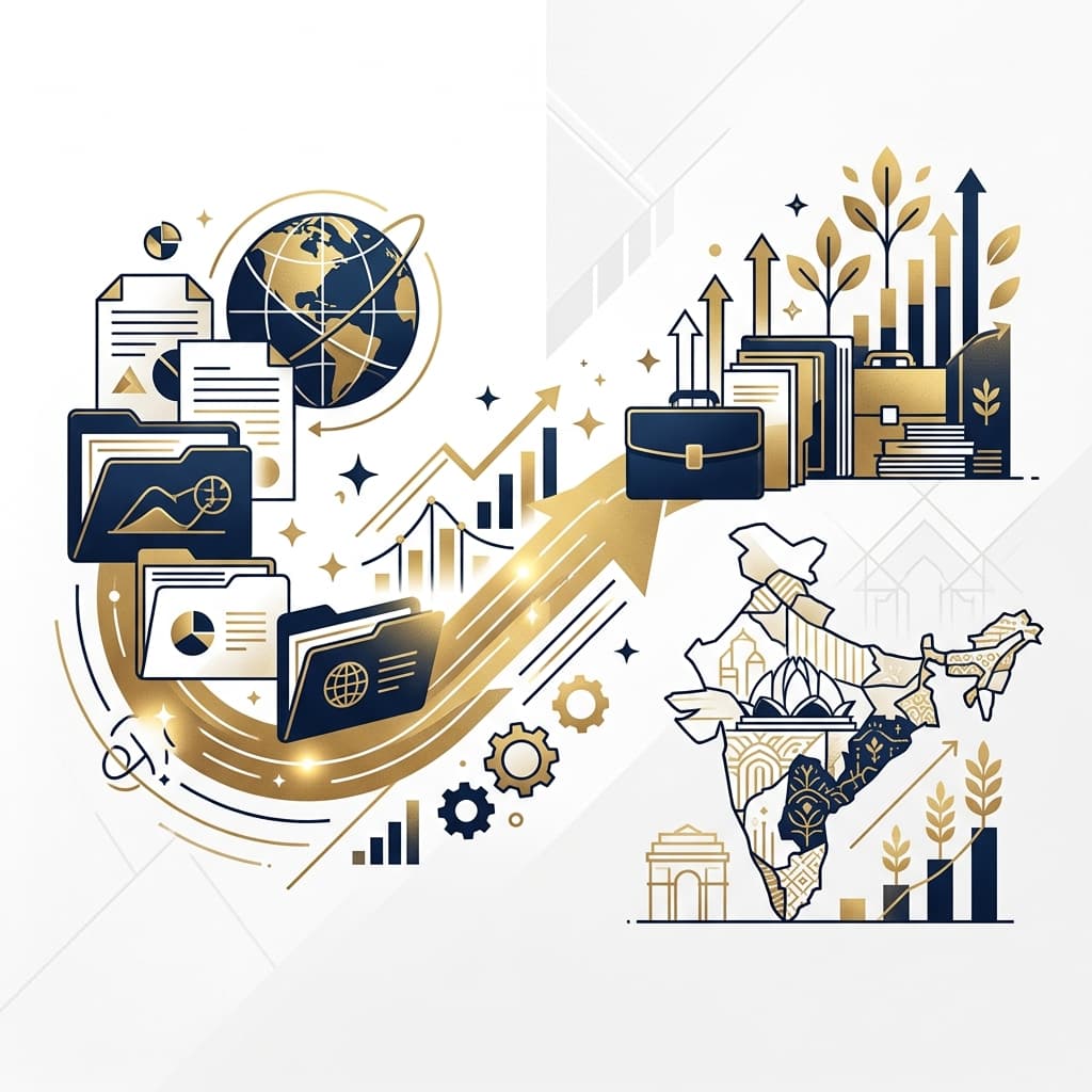 A premium editorial illustration representing the transition of mutual funds and demat accounts from an NRI status to an Indian resident.
