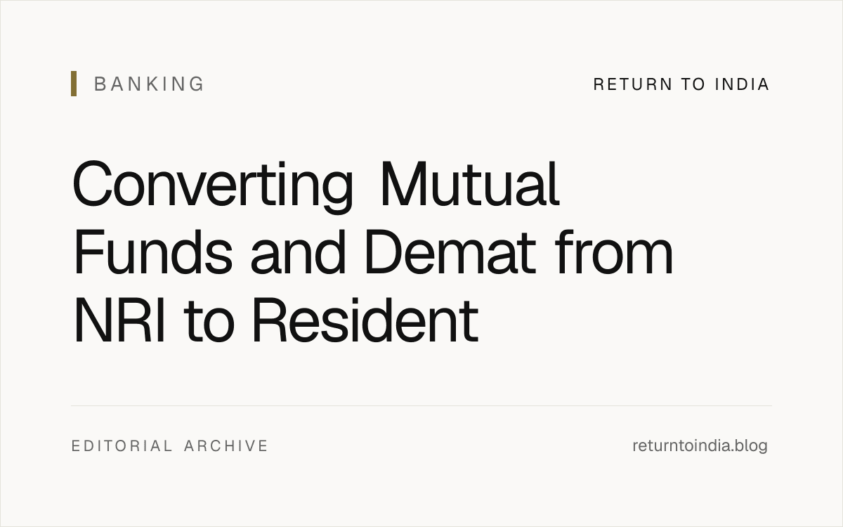 A premium editorial illustration representing the transition of mutual funds and demat accounts from an NRI status to an Indian resident.