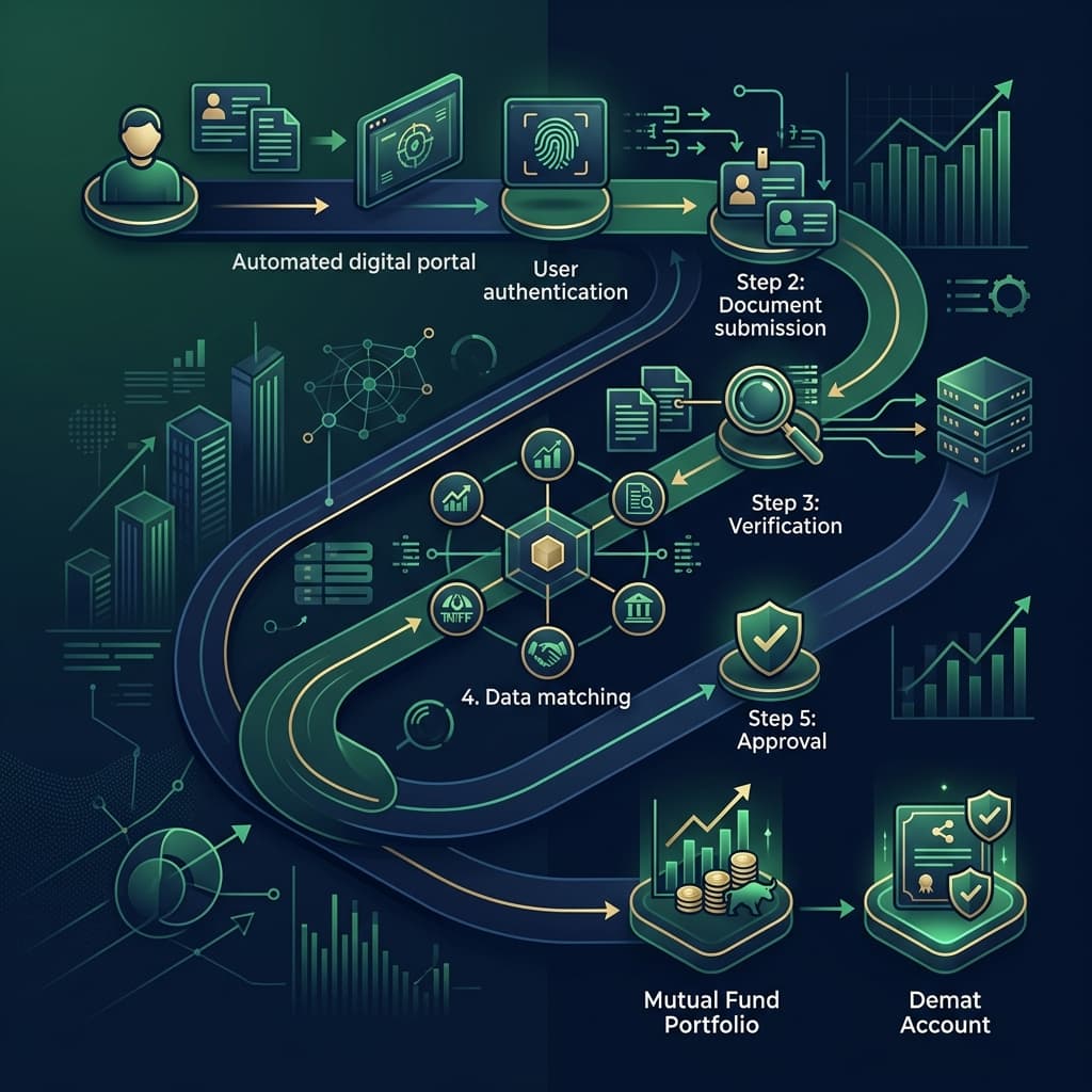 A diagram showing the dependency chain for Re-KYC: Address, then Bank, then Demat, then Mutual Funds.