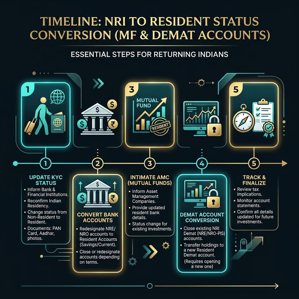 A timeline infographic illustrating the process of converting NRI mutual funds and demat accounts to resident status after returning to India.