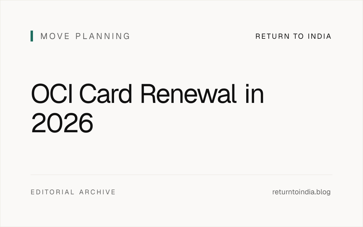 Flat illustration of OCI card renewal in 2026: e-OCI digital card, simplified Indian Missions portal, consolidated renewal fee, document checklist, lost-card reissue, minor-child renewal, PIO conversion, 5 mistakes to avoid.