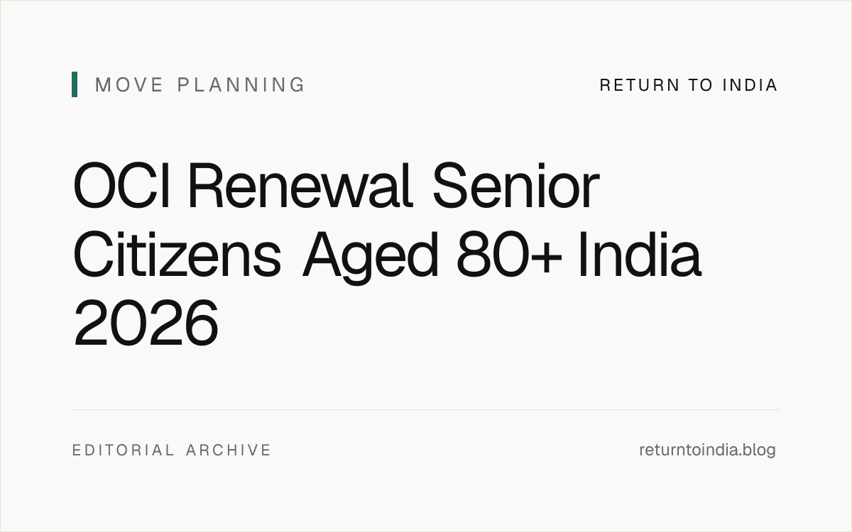 Flat illustration of OCI Renewal Senior Citizens Aged 80+ India 2026: 50% fee concession, senior-friendly process, biometrics waived, and the standard 5-year renewal cycle for senior OCI cardholders. Includes MEA OCI Cardholder rules 2026 + Indian Missions portal, eligibility (OCI cardholder aged 80+ at renewal + valid OCI + valid foreign passport), 50% fee concession (USD 25-100 reduced to USD 12-50), senior-friendly process (biometrics waived + in-person visit optional + 30-60 days processing), document checklist (existing OCI + passport + new photo + no additional docs for 80+), 4 age scenarios, renewal cycle (standard 5y + senior 80+ renewal at 85/90/95), tax status preservation ROR unchanged, Aadhaar + PAN + bank propagation, worst-case scenarios.