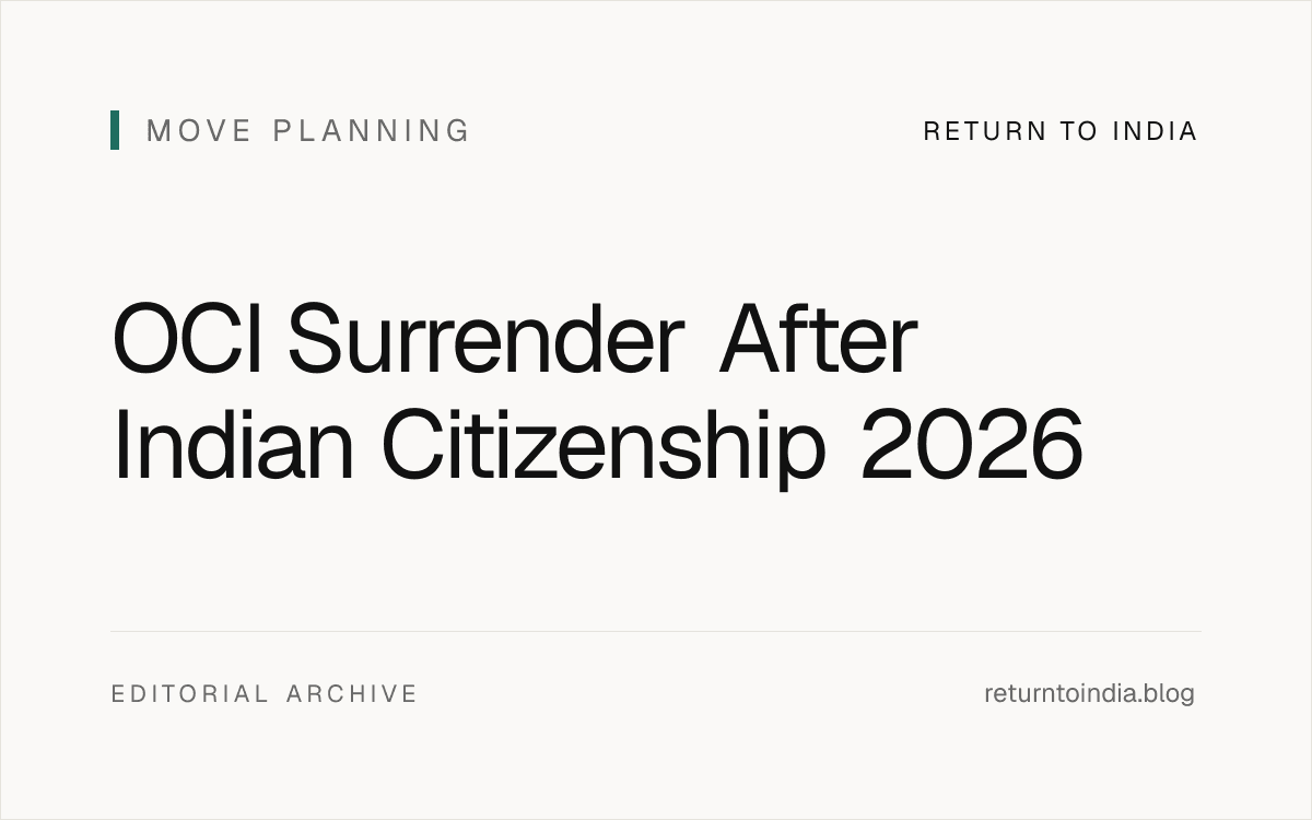 Flat illustration of OCI Surrender After Indian Citizenship 2026: naturalisation, mandatory surrender, fee, process, and the re-acquisition pathway for naturalised Indians / Canadians / Australians / British citizens. Includes Section 7D Citizenship Act 1955, Section 8 renunciation, 3-month surrender deadline, USD 25/month late penalty capped at USD 5,000, surrender certificate, fresh OCI application, new OCI number, tax status flip ROR to NRI to ROR, foreign tax compliance, worst-case scenarios.