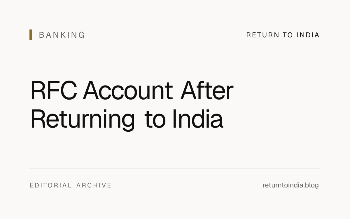 Minimal editorial visual showing foreign currency balances transitioning into a clean post-return India account structure.