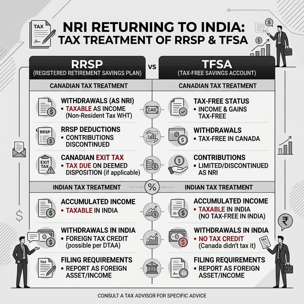 A premium minimalist infographic about RRSP and TFSA tax treatment for NRIs.