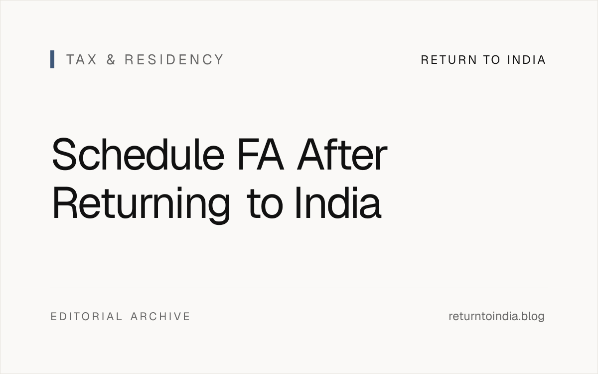 Flat Schedule FA workflow showing foreign accounts, assets, income, residency, and ITR sequence.