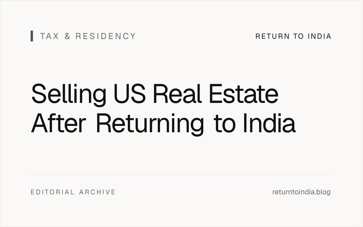 Flat illustration of US property sale for a returning NRI: FIRPTA 15% withholding, US capital gains, US-India DTAA relief, NRO/NRE repatriation, and India Schedule FA reporting.