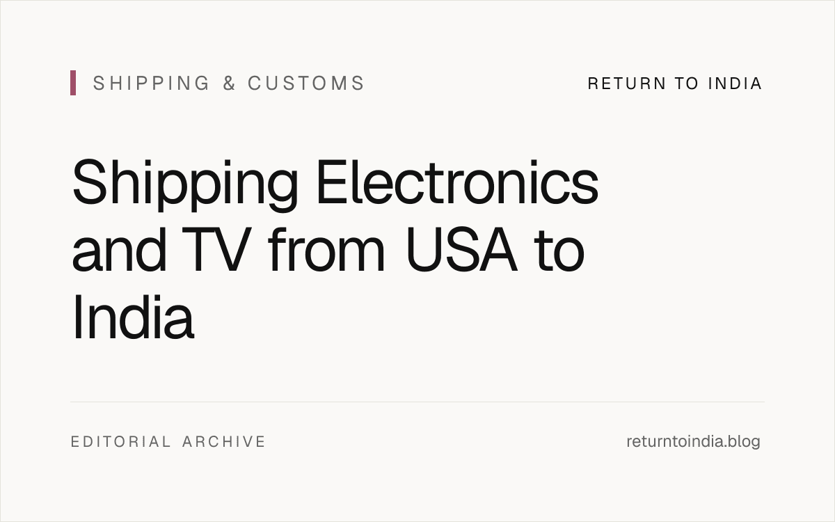 Flat illustration of labeled electronics boxes, a TV crate, and shipping route from USA to India.