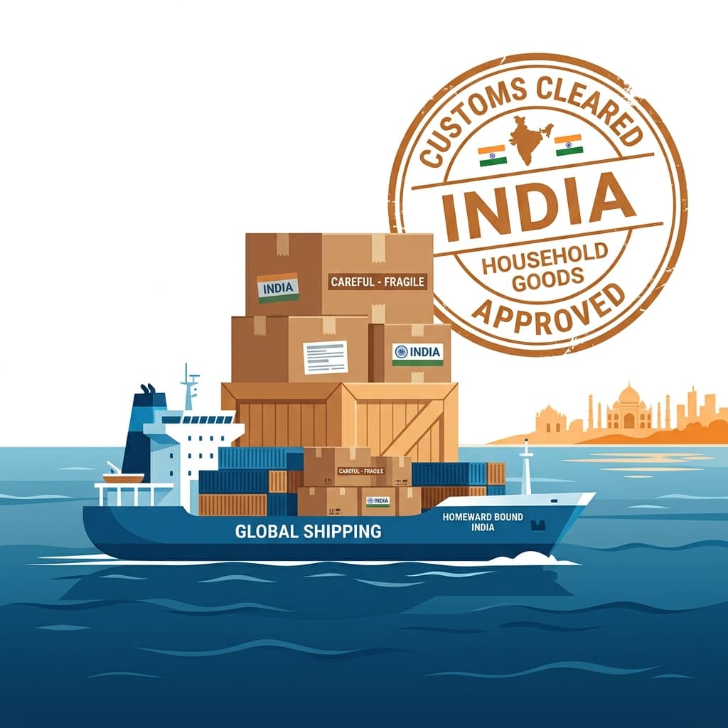 A premium editorial illustration for shipping household items to India with stylized cargo ship and boxes.