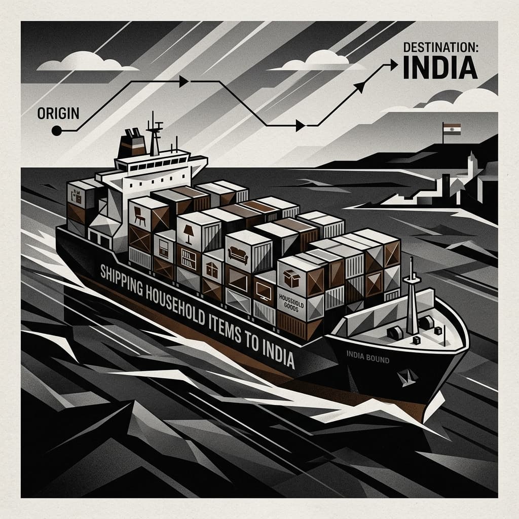 A premium editorial illustration for shipping household items to India.