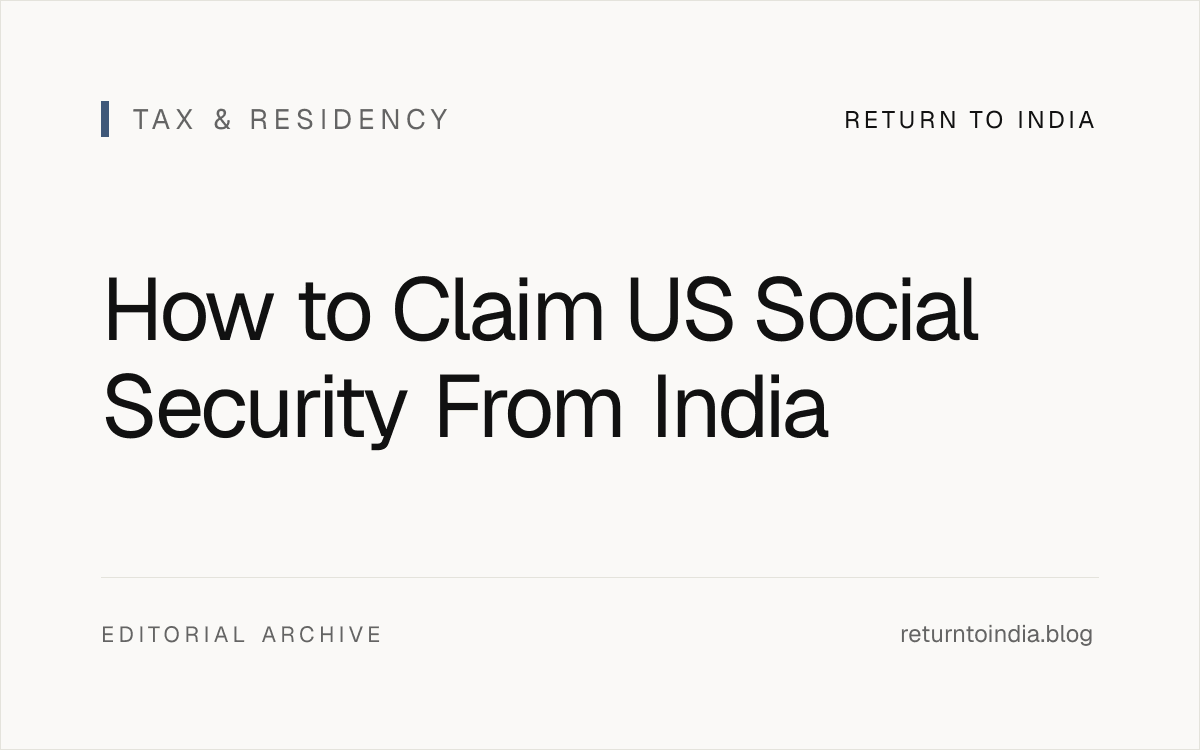 Flat control board for claiming US Social Security from India with eligibility, SSA forms, direct deposit, annual proof, tax withholding, and India reporting lanes.