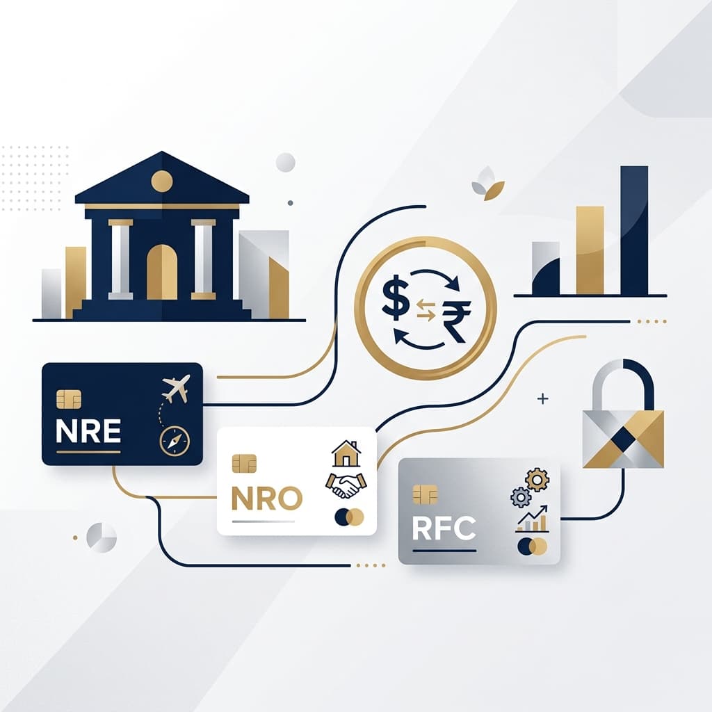 A premium editorial illustration for NRI bank account options in India with stylized NRE, NRO, and RFC labels.